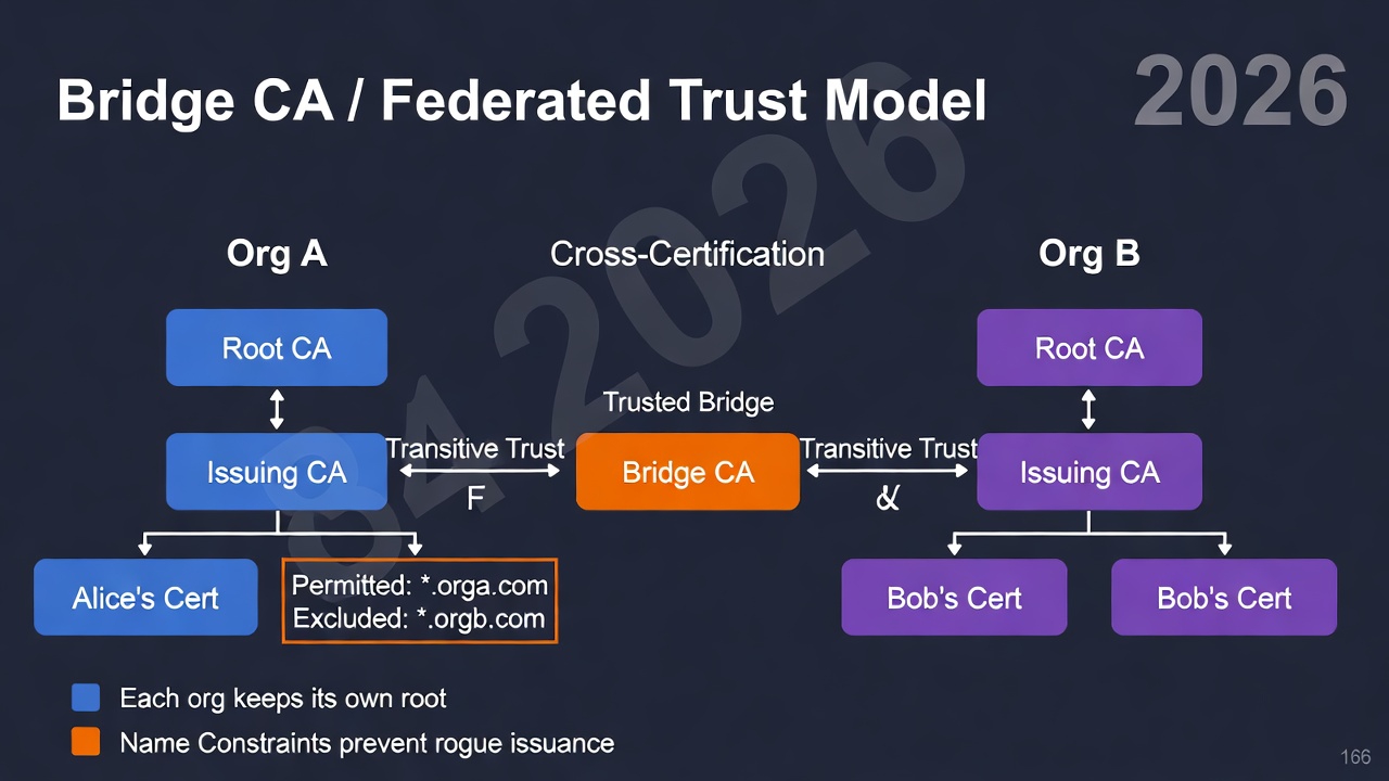 Org A Root ↔ Bridge CA ↔ Org B Root with name constraints Bridge CA Cross-Certification Diagram 2026