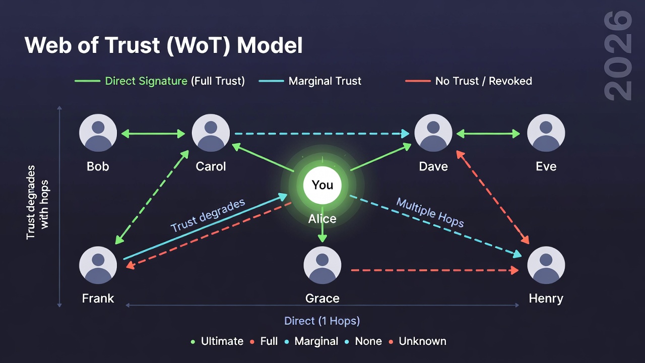 Graph showing peer signatures and trust paths with strength indicators Web of Trust Graph Diagram 2026