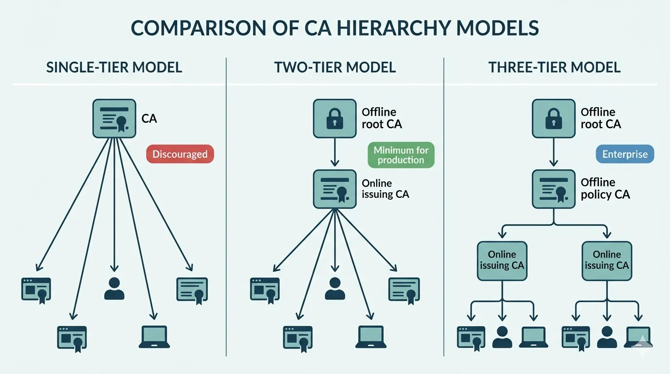 Single-tier, two-tier and three-tier CA hierarchy models compared