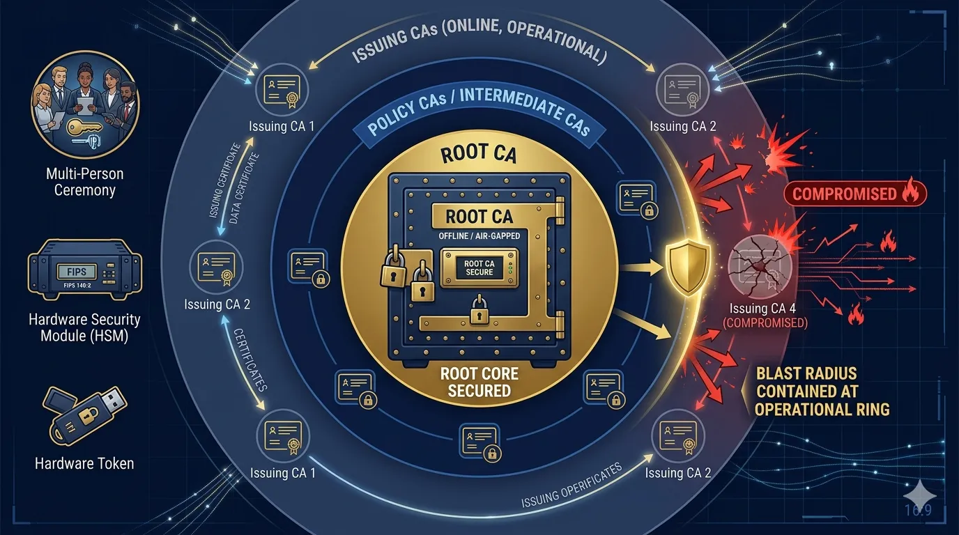 Offline root CA with concentric blast-radius rings showing issuing CA isolation